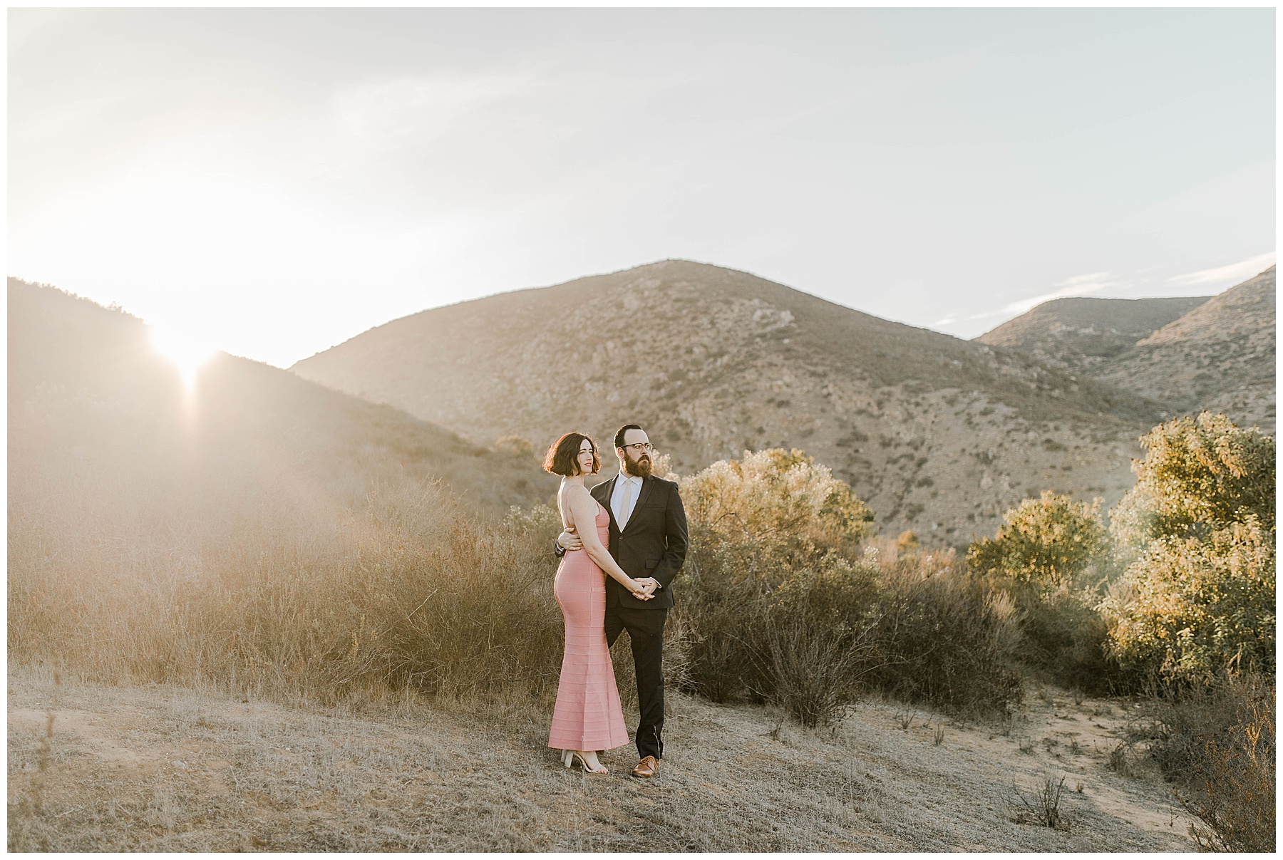 Romantic photos of a couple taking their engagement photos during sunset at Mission Trails Regional Park