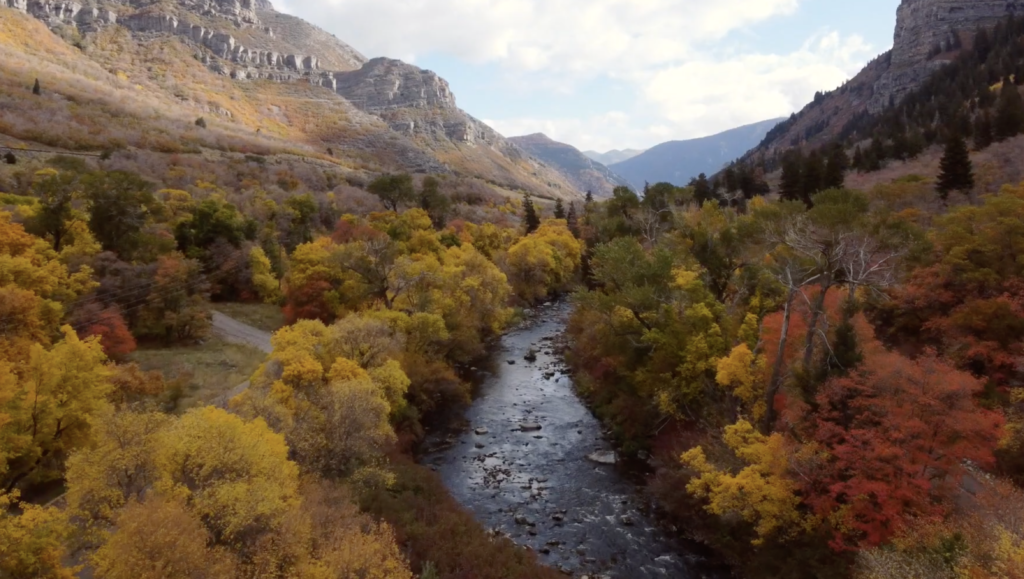 aerial drone photo of provo river parkway trail in provo utah. funnest things to do in utah airbnb salt lake city