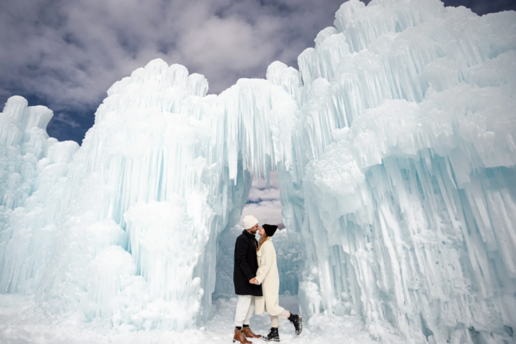 a photo of bree and stephen at the utah ice castles in midway which is one of the funnest things to do in utah